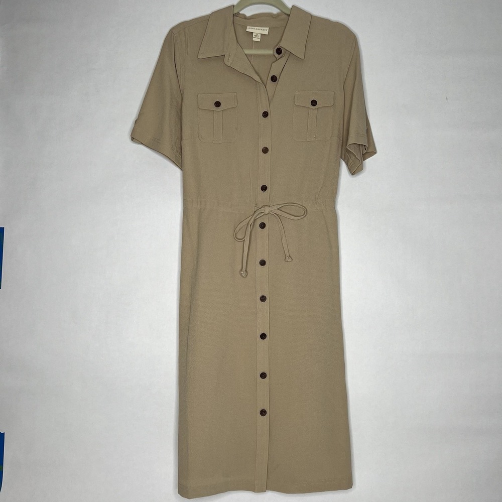 Appleseed's Short Sleeve Button Front Maxi Dress Size 12 Beige Taupe Drawstring
